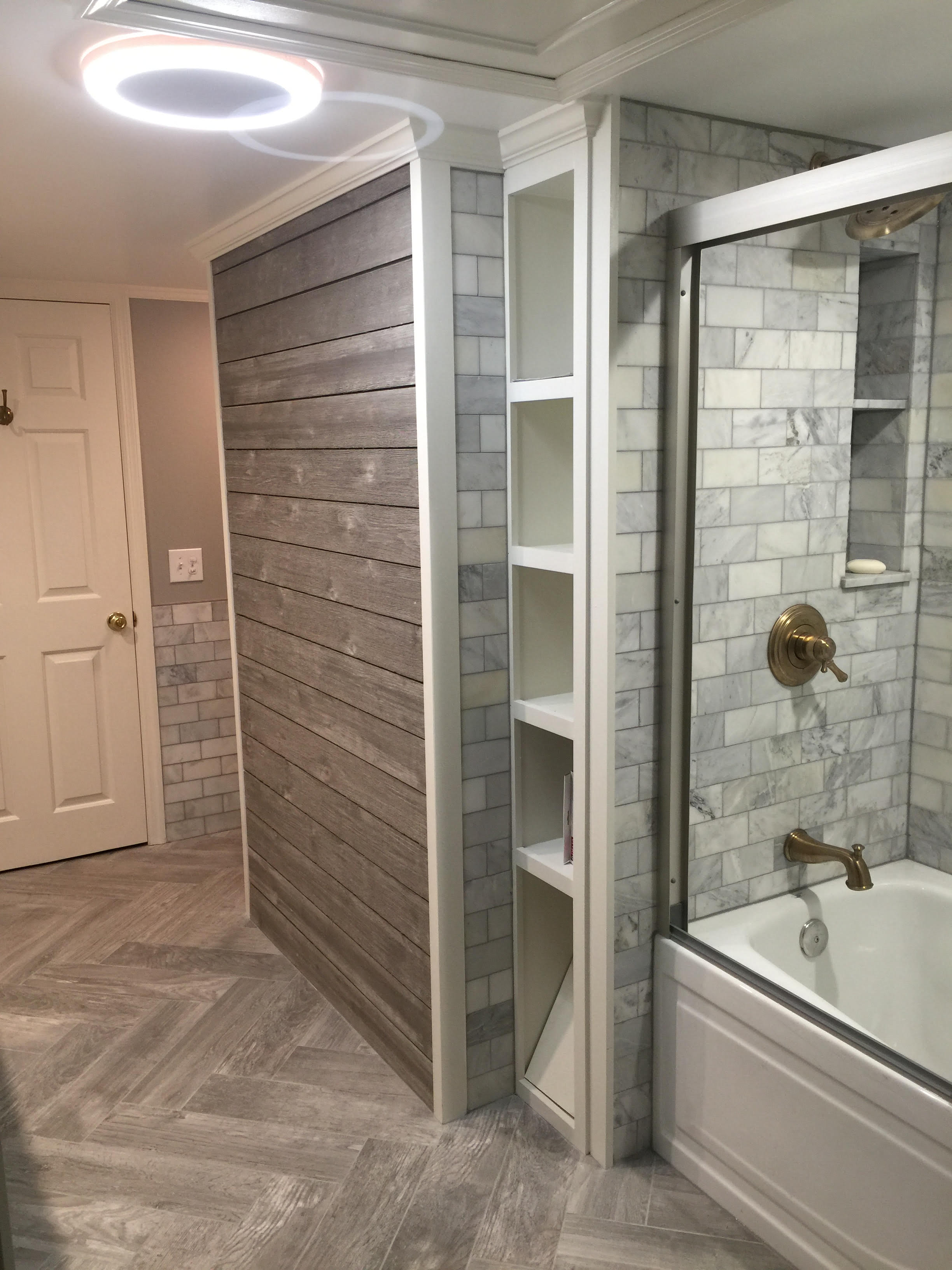 Modern Bathroom with Wood Accent Wall
